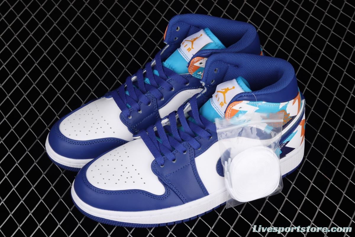 Air Jordan 1 Mid geometrical white and blue Zhongbang basketball shoes 555112-105