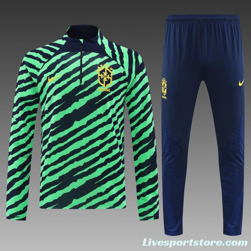 2022 Brazil Green Stripe Half Zipper Tracksuit