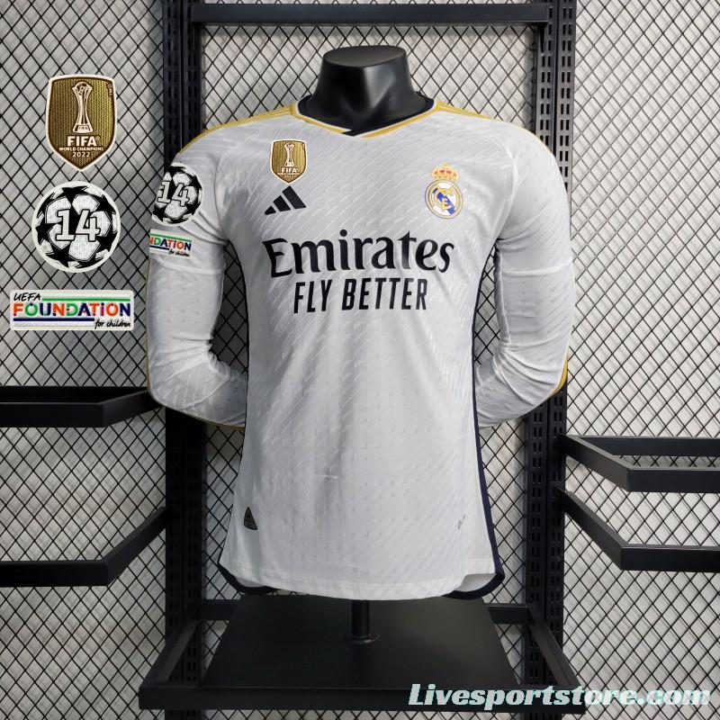 Player Version 23-24 Real Madrid Home Long Sleeve Jersey With Full Champion Patches