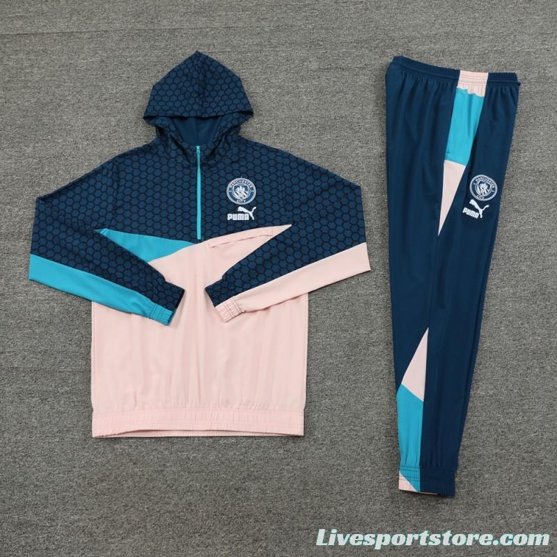 23/24 Manchester City Half Navy/Pink Half Zipper Windbreaker Jacket+Pants