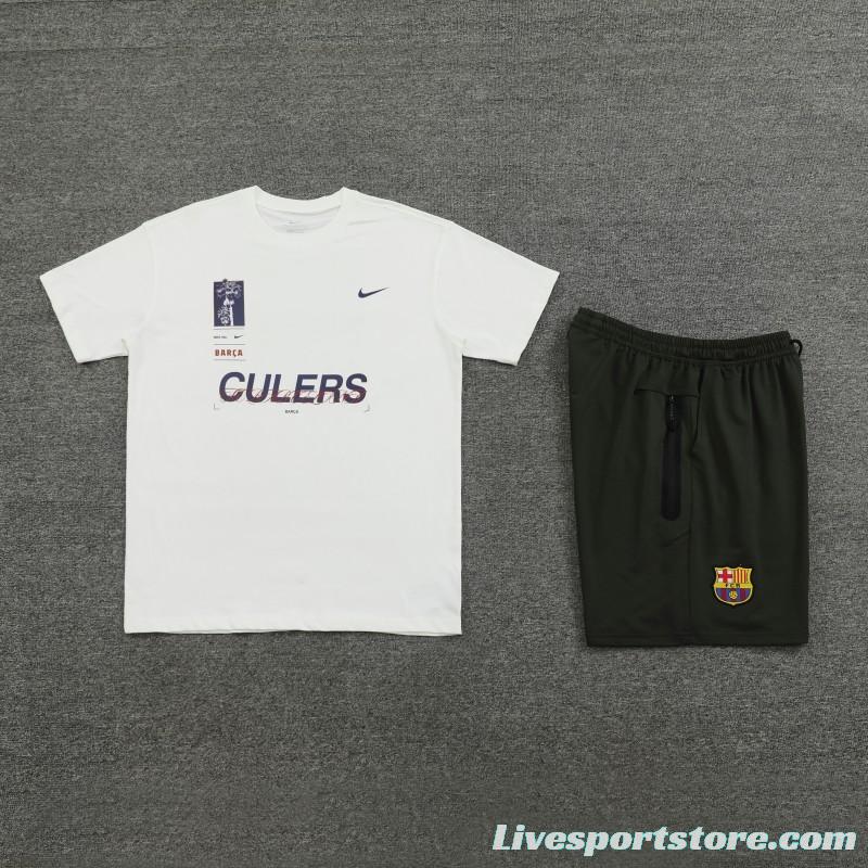 23/24 Barcelona White Cotton Short Sleeve Jersey+Shorts