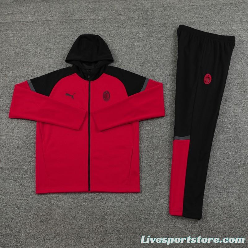 24/25 AC Milan Red/Black Hoodie Full Zipper Jacket +Long Pants