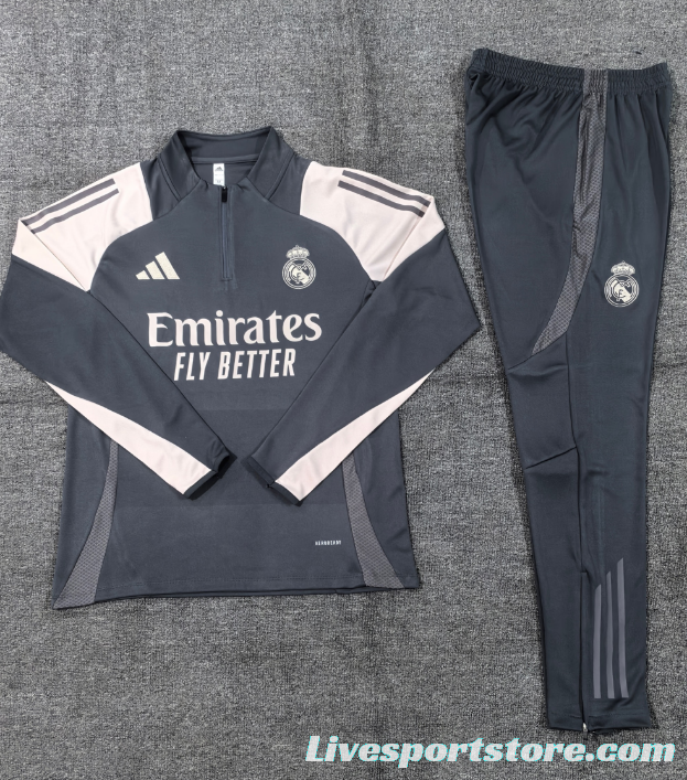 24/25 Kids Real Madrid Grey/Khaki Half Zipper Jacket+Long Pants