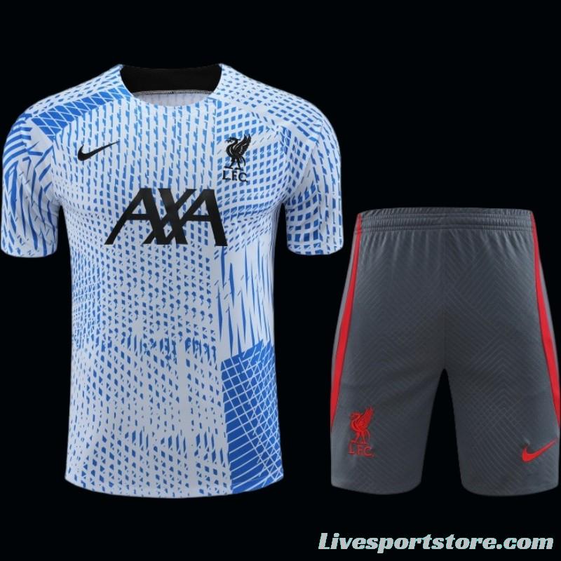 23-24 Liverpool White/Blue Grid Short Sleeve+Shorts