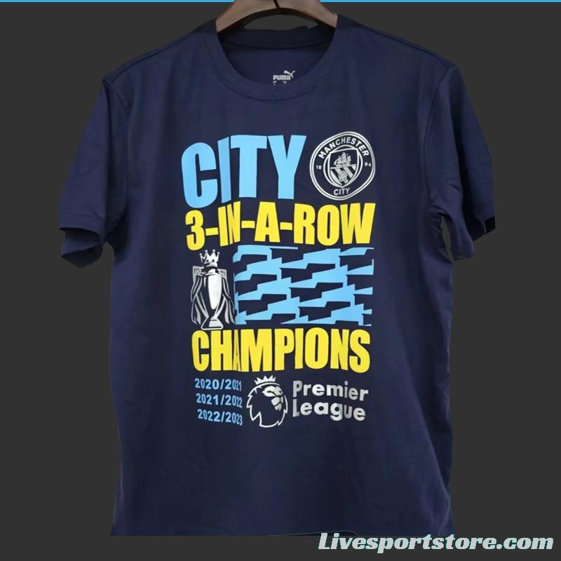 23/24 Manchester City Navy 3 In A Row Champions T-Shirt