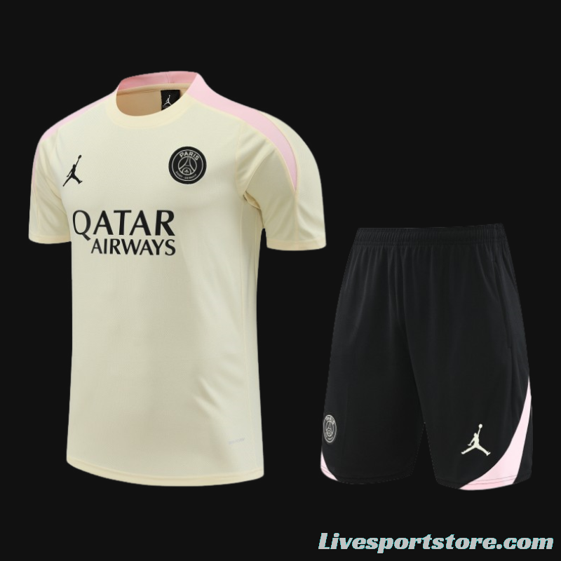 23/24 PSG Beige/Pink Cotton Short Sleeve Jersey+Shorts